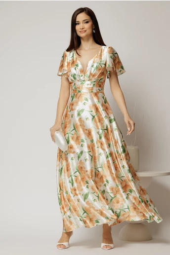 Rochie lunga de ocazie cu imprimeuri maro si verde din material satinat