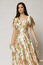 Rochie lunga de ocazie cu imprimeuri maro si verde din material satinat, 3, dyfashion.ro