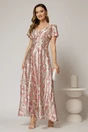 Rochie lunga de ocazie cu imprimeuri roz din material satinat, 1, dyfashion.ro
