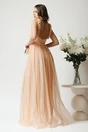 Rochie lunga de ocazie din dantela roz piersica cu glitter