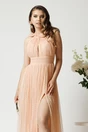 Rochie lunga de ocazie din dantela roz piersica cu glitter