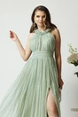 Rochie lunga de ocazie din dantela verde mint cu glitter