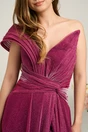Rochie lunga de ocazie din lurex magenta cu aplicatie lasata pe umar