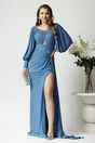 Rochie lunga de ocazie din lycra albastra cu strasuri la bust