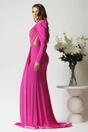 Rochie lunga de ocazie din lycra fucsia cu tull si strasuri in talie