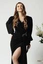 Rochie lunga de ocazie din lycra neagra cu tull si strasuri in talie