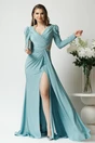 Rochie lunga de ocazie din lycra verde mint cu tull si strasuri in talie