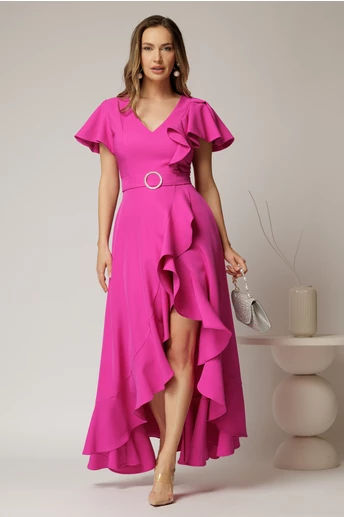 Rochie lunga de ocazie din stofa fucsia cu volane si cordon in talie