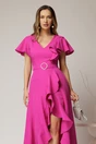 Rochie lunga de ocazie din stofa fucsia cu volane si cordon in talie, 3, dyfashion.ro