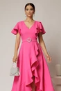 Rochie lunga de ocazie din stofa fucsia cu volane si cordon in talie, 3, dyfashion.ro
