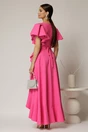 Rochie lunga de ocazie din stofa fucsia cu volane si cordon in talie, 2, dyfashion.ro