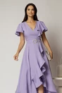 Rochie lunga de ocazie din stofa lila cu volane si cordon in talie, 3, dyfashion.ro