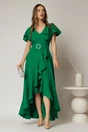 Rochie lunga de ocazie din stofa verde cu volane si cordon in talie, 1, dyfashion.ro