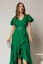 Rochie lunga de ocazie din stofa verde cu volane si cordon in talie, 3, dyfashion.ro