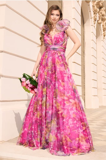 Rochie lunga de ocazie din tull fucsia cu imprimeu verde