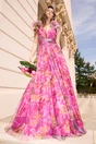 Rochie lunga de ocazie din tull fucsia cu imprimeu verde