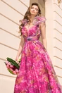Rochie lunga de ocazie din tull fucsia cu imprimeu verde