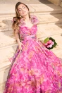 Rochie lunga de ocazie din tull fucsia cu imprimeu verde