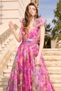 Rochie lunga de ocazie din tull fucsia cu imprimeu verde