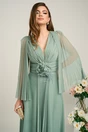 Rochie lunga de ocazie din tull verde fistic cu floare in talie