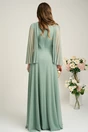Rochie lunga de ocazie din tull verde fistic cu floare in talie
