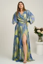Rochie lunga de ocazie din voal albastra cu imprimeuri verde neon si strasuri in talie, 1, dyfashion.ro