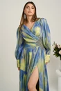 Rochie lunga de ocazie din voal albastra cu imprimeuri verde neon si strasuri in talie, 4, dyfashion.ro