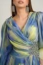 Rochie lunga de ocazie din voal albastra cu imprimeuri verde neon si strasuri in talie, 3, dyfashion.ro