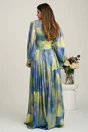 Rochie lunga de ocazie din voal albastra cu imprimeuri verde neon si strasuri in talie, 2, dyfashion.ro