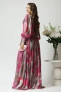 Rochie lunga de ocazie din voal fucsia cu imprimeuri gri si strasuri in talie