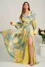 Rochie lunga de ocazie din voal galbena cu imprimeuri verde mint si strasuri in talie, 1, dyfashion.ro