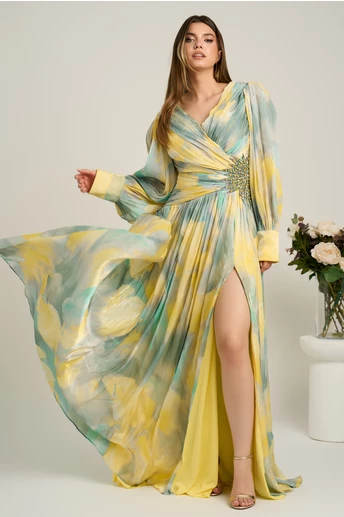 Rochie lunga de ocazie din voal galbena cu imprimeuri verde mint si strasuri in talie