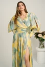 Rochie lunga de ocazie din voal galbena cu imprimeuri verde mint si strasuri in talie, 4, dyfashion.ro