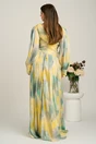 Rochie lunga de ocazie din voal galbena cu imprimeuri verde mint si strasuri in talie, 2, dyfashion.ro