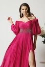 Rochie lunga de ocazie din voal magenta cu strasuri in talie si maneci scurte bufante