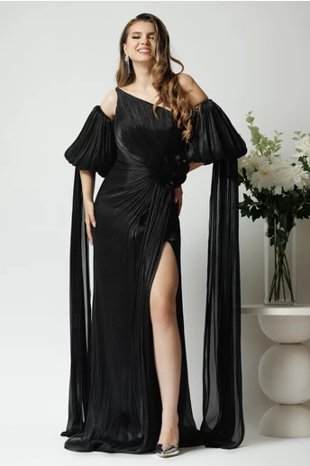 Rochie lunga de ocazie din voal neagra cu maneci ample