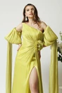 Rochie lunga de ocazie din voal verde lime cu maneci ample