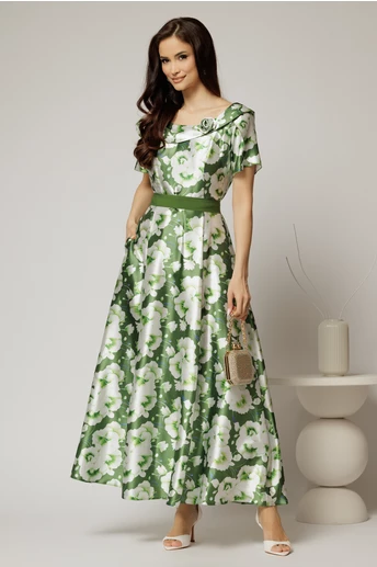 Rochie lunga de ocazie ivoar cu imprimeuri verde crud