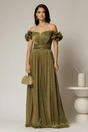Rochie lunga de ocazie olive din voal peliculizat cu aplicatii florale 3D, 1, dyfashion.ro