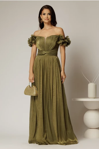 Rochie lunga de ocazie olive din voal peliculizat cu aplicatii florale 3D