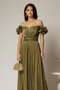 Rochie lunga de ocazie olive din voal peliculizat cu aplicatii florale 3D, 3, dyfashion.ro