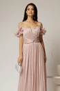 Rochie lunga de ocazie roz prafuit din voal peliculizat cu aplicatii florale 3D, 3, dyfashion.ro
