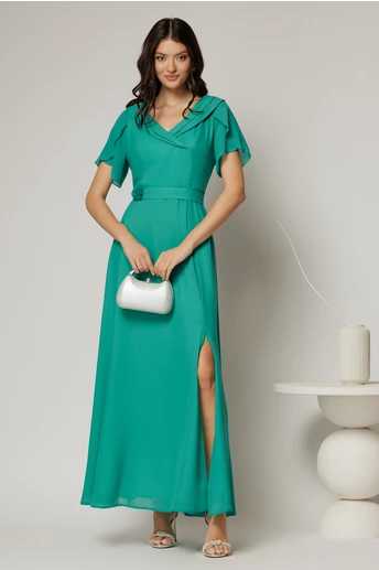Rochie lunga de ocazie verde din voal sidefat