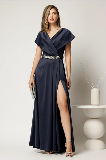 Rochie lunga de seara din tafta bleumarin cu accesoriu pe talie