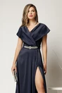 Rochie lunga de seara din tafta bleumarin cu accesoriu pe talie, 3, dyfashion.ro