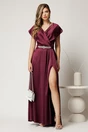 Rochie lunga de seara din tafta mov pruna cu accesoriu pe talie, 1, dyfashion.ro