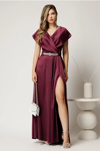 Rochie lunga de seara din tafta mov pruna cu accesoriu pe talie