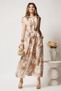 Rochie lunga de zi bej cu flori albe din in cu croi drept si cordon in talie, 1, dyfashion.ro