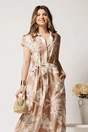 Rochie lunga de zi bej cu flori albe din in cu croi drept si cordon in talie, 3, dyfashion.ro