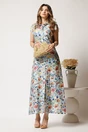 Rochie lunga de zi gri cu flori albastre din in cu croi drept si cordon in talie, 1, dyfashion.ro